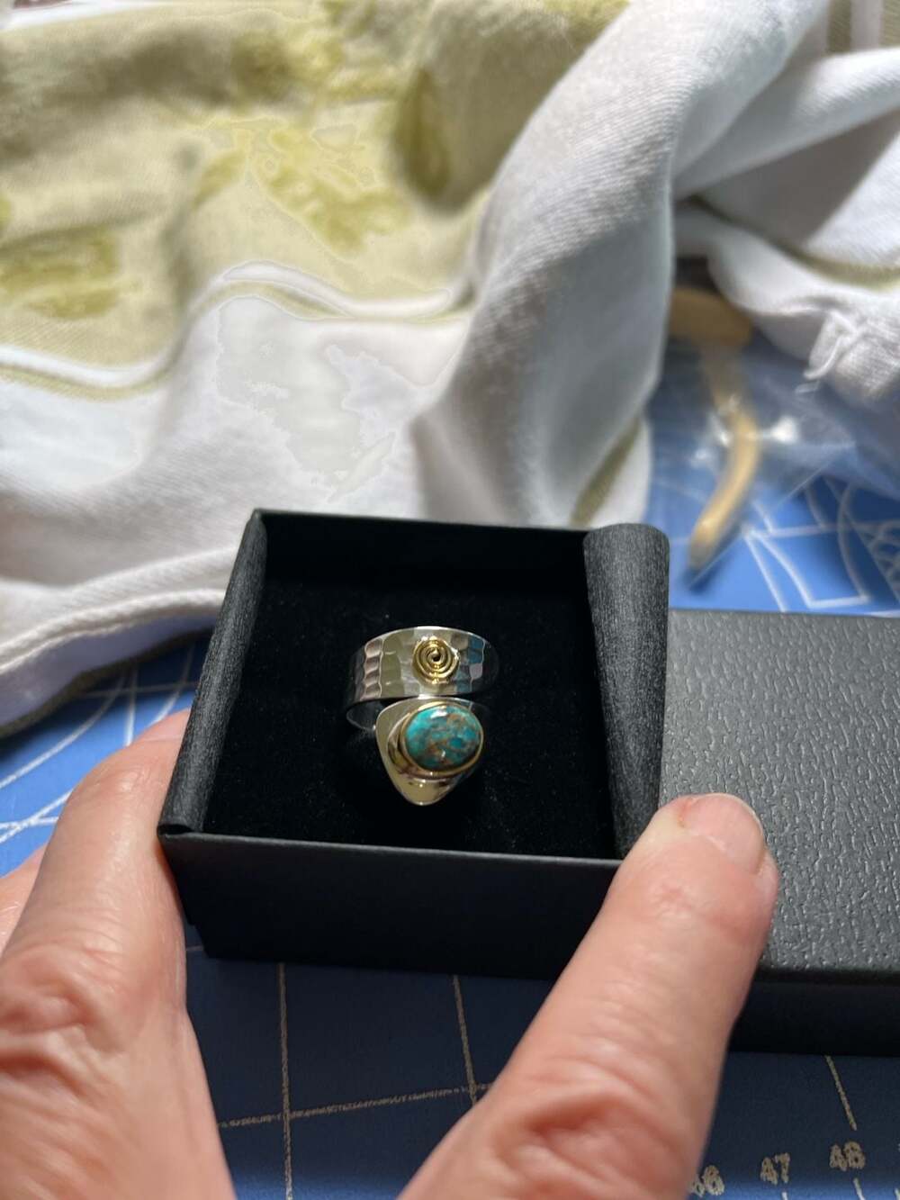 Handmade Blue Copper Turquoise Ring: 925 Sterling Silver Textured Band - Israel